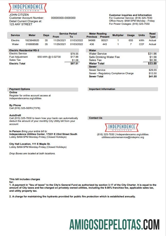 para download Modelo de conta de serviços públicos da independência do Missouri dos EUA em formato Word e PDF, versão 2